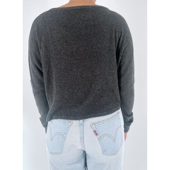 Weekend Edition Gray Front Tie Ribbed Button Down Long Sleeve Size Medium - Picture 2 of 3